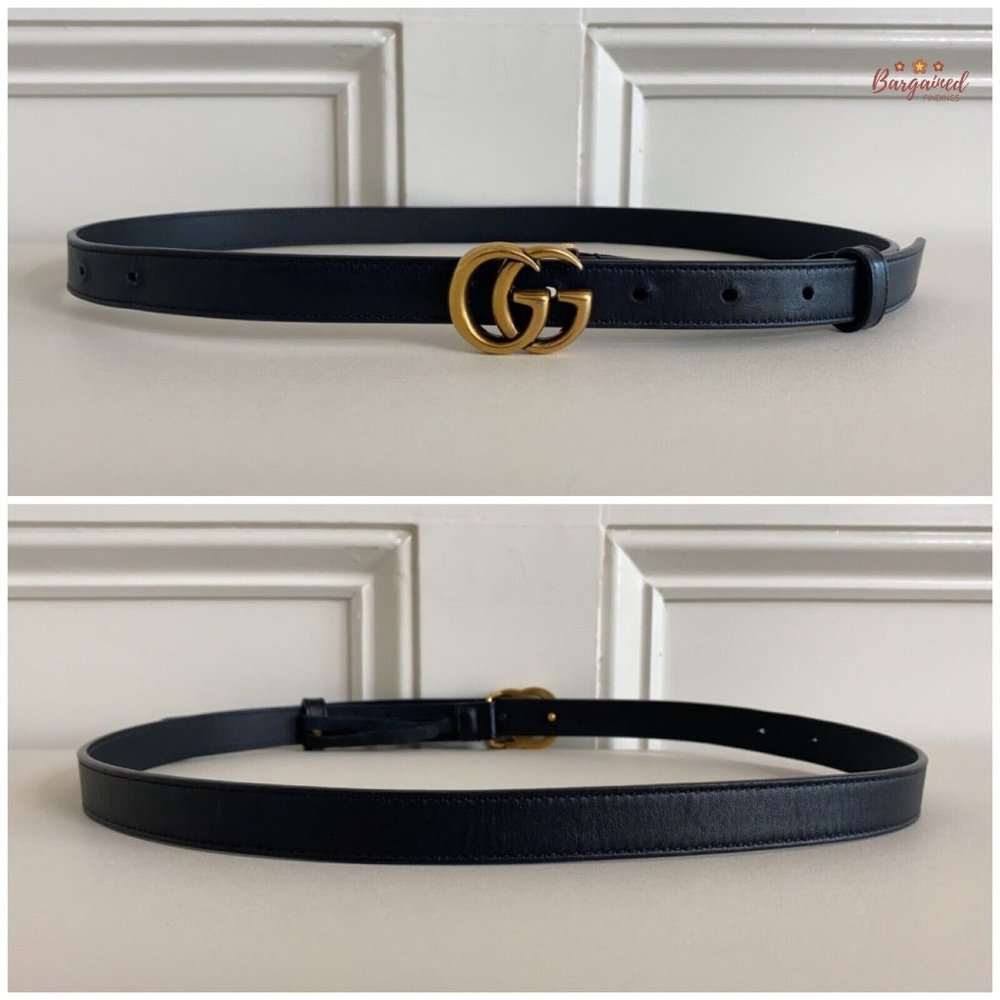 Authentic Gucci Black Smooth Leather Slim Signature Double G Buckle Belt 85/34 - Picture 5 of 13